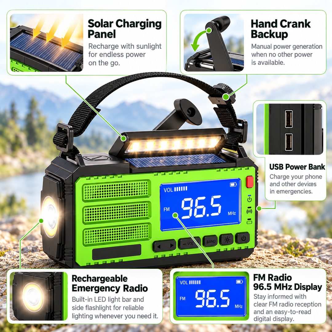 Wind Up Radio Solar Emergency LED Light Bar Digital FM USB Power Bank