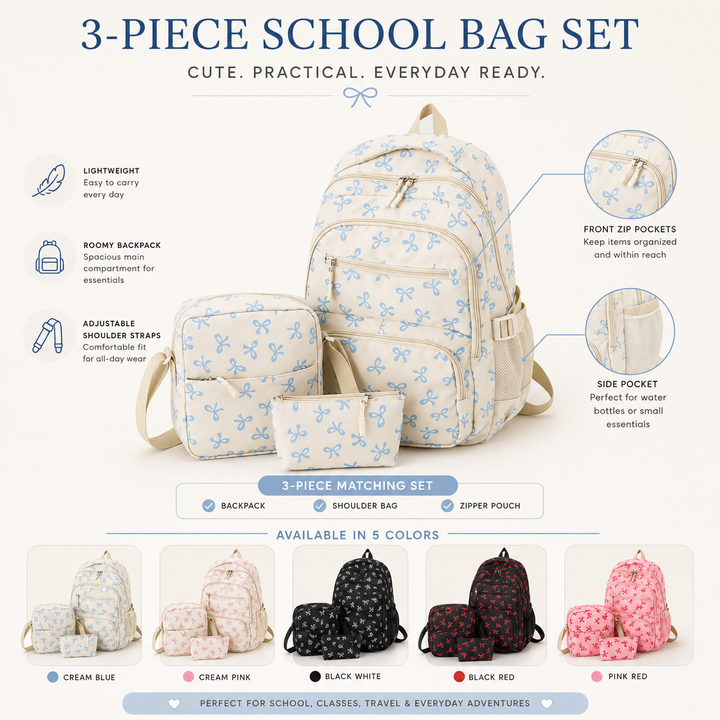 Girls 3-Piece Bow Print School Backpack Set with Crossbody Bag &amp; Pouch