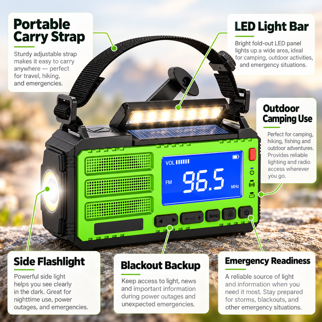 Wind Up Radio Solar Emergency LED Light Bar Digital FM USB Power Bank