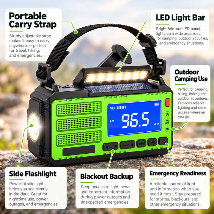 Wind Up Radio Solar Emergency LED Light Bar Digital FM USB Power Bank