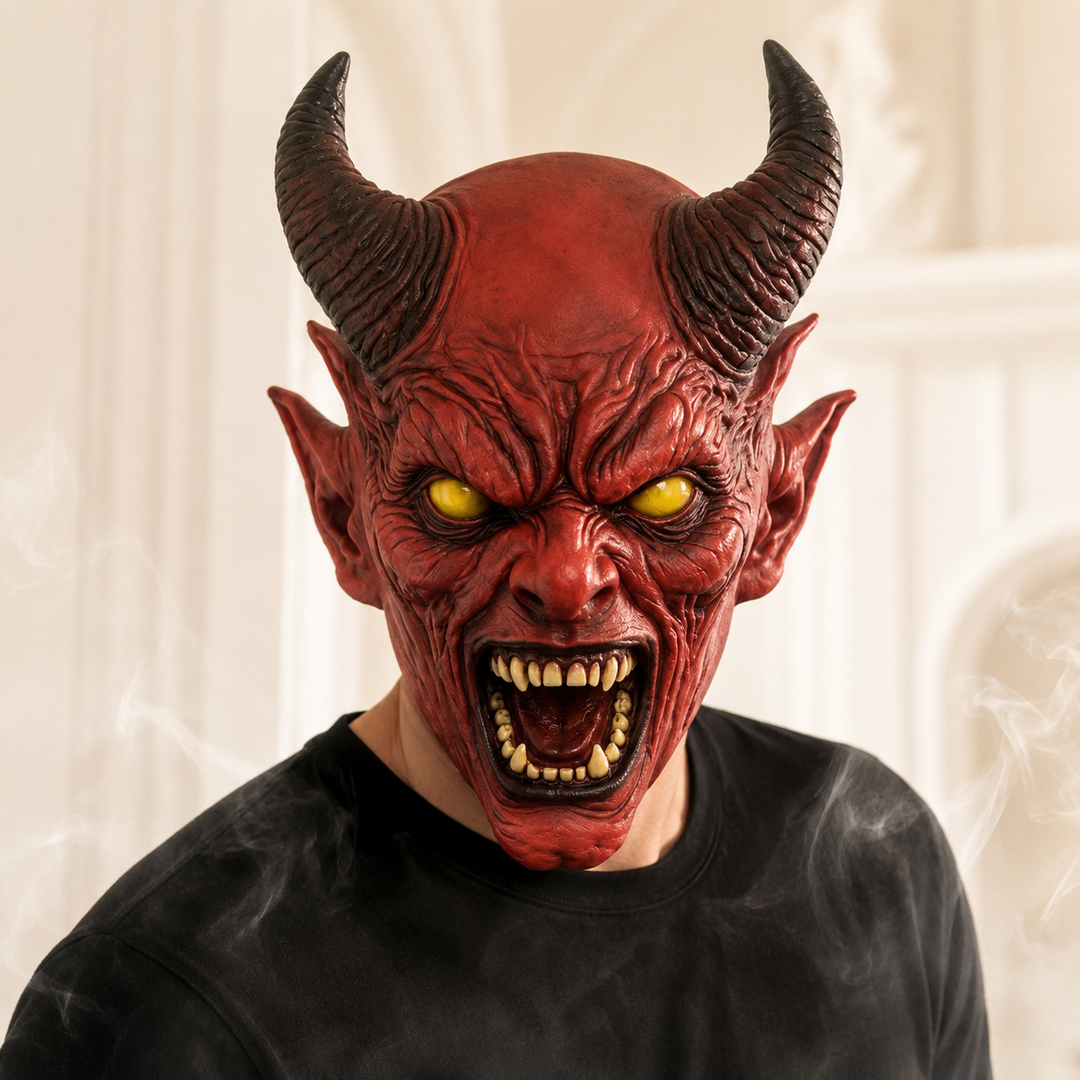 Red Horned Demon Full Head Latex Mask for Halloween