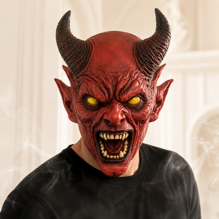 Red Horned Demon Full Head Latex Mask for Halloween