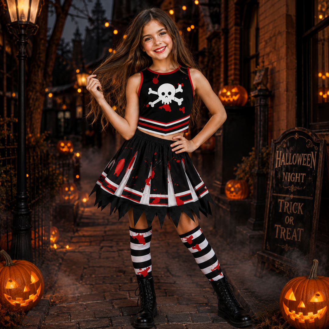 Kids Halloween Pirate Cheerleader Costume Performance Outfit Digital Print Cosplay Party Set