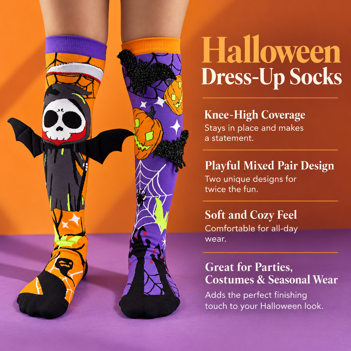 3D Bat and Pumpkin Halloween Socks Mismatched Pair Novelty Socks