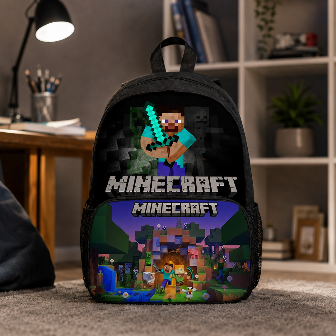 Minecraft Boys School Backpack, Pixel 3D Front Pocket Design