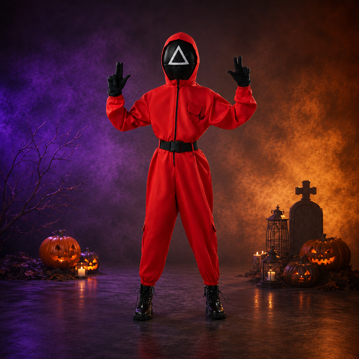 Group Halloween Costume Red Jumpsuit with Mask, Kids Cosplay Roleplay Outfit Set