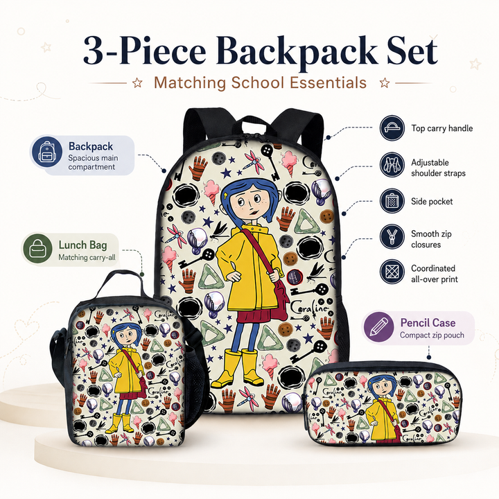 Coraline Girls School Backpack 3-Piece Set with Lunch Bag &amp; Pencil Case