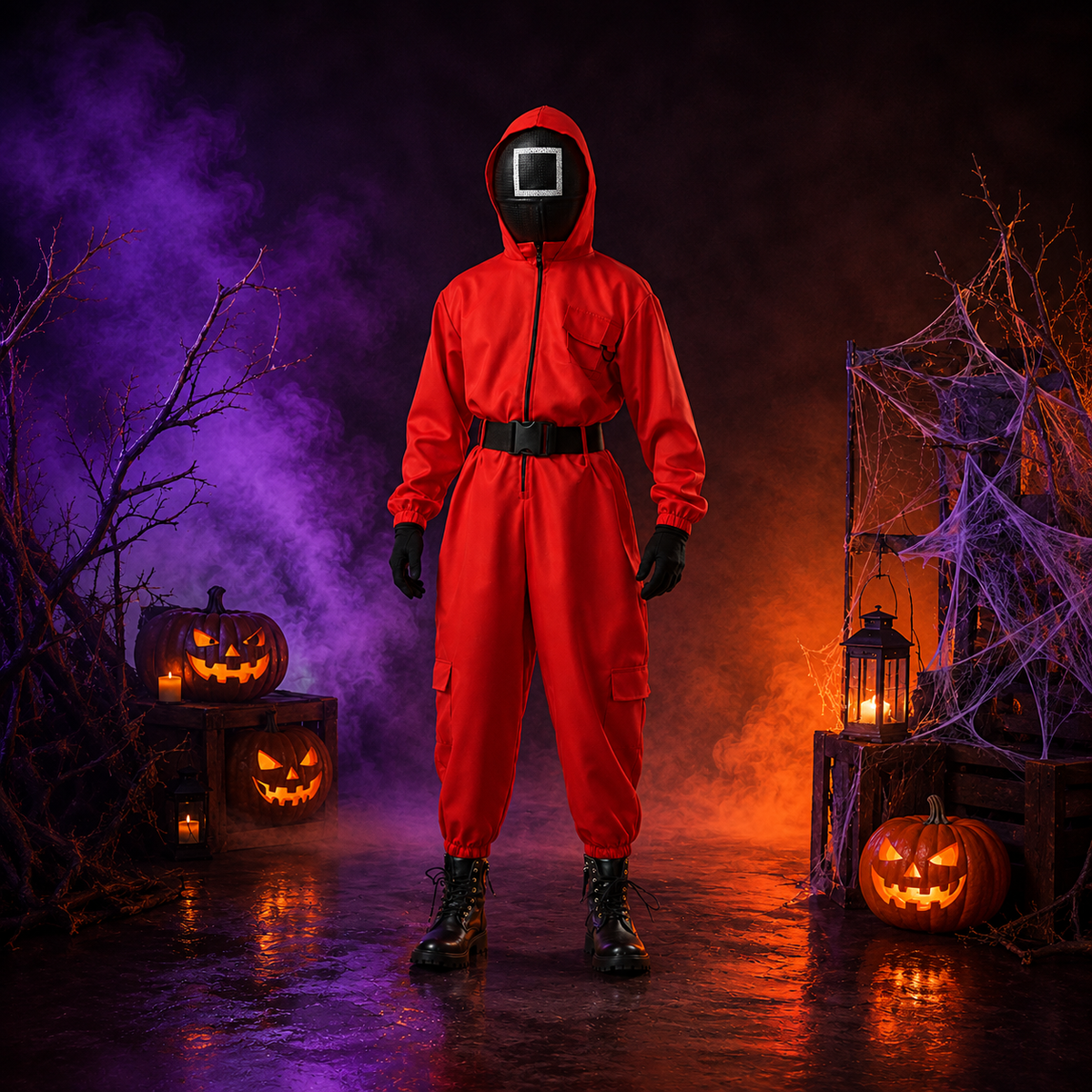 Squid Game Guard Red Jumpsuit Costume with Mask Kids Halloween Cosplay Set