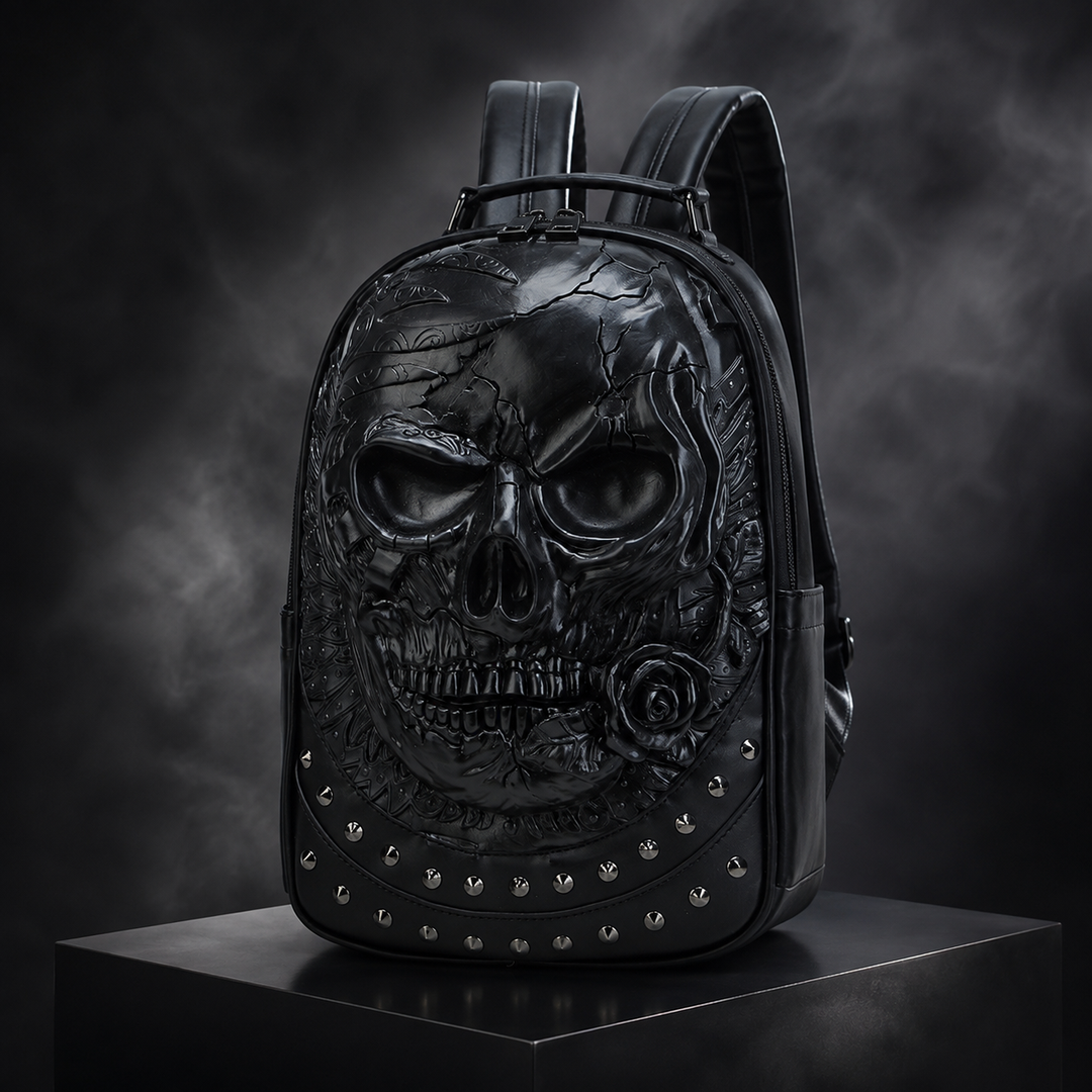 3D Skull Print School Backpack, Trendy PU Bookbag