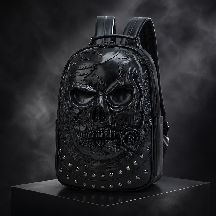 3D Skull Print School Backpack, Trendy PU Bookbag
