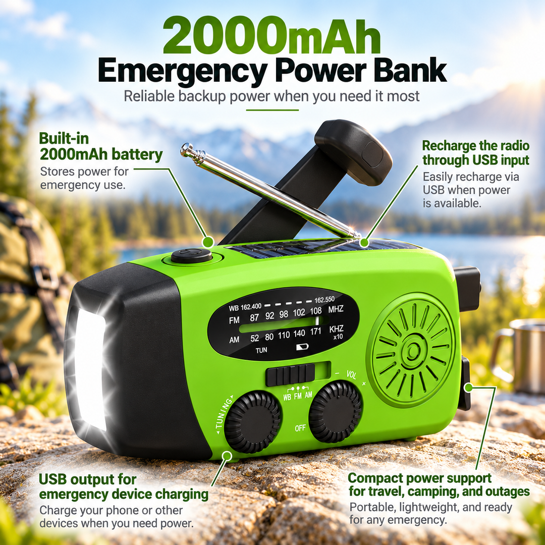 Wind Up Radio Lightweight Lime Green NOAA Solar 2000mAh Flashlight