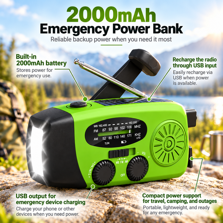 Wind Up Radio Lightweight Lime Green NOAA Solar 2000mAh Flashlight