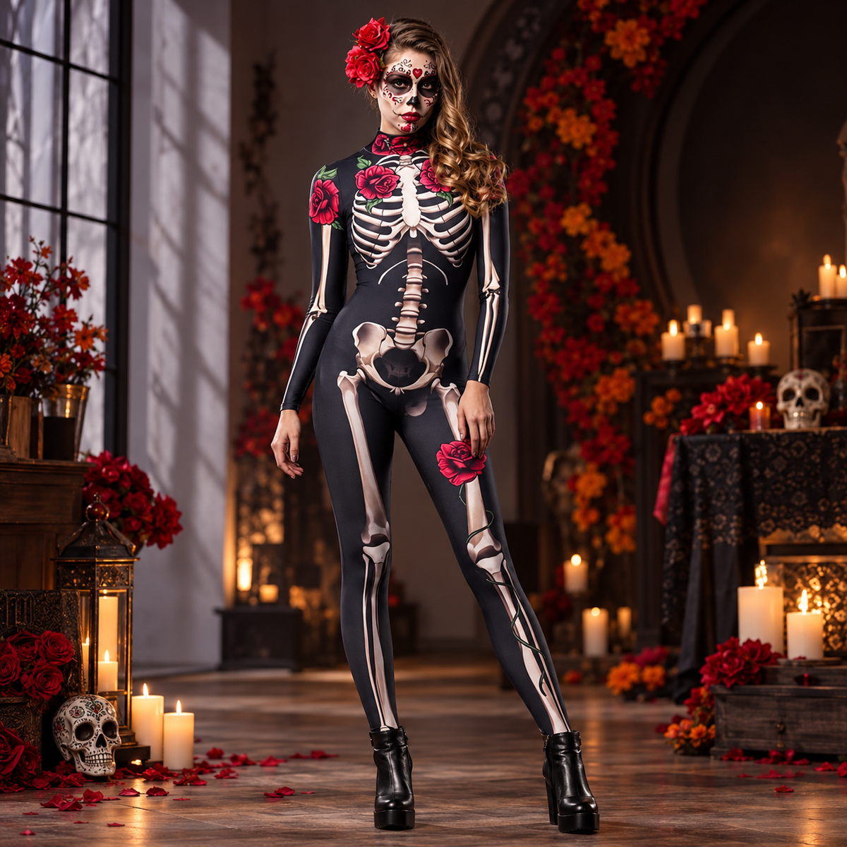 Womens Skeleton Rose Print Long Sleeve Catsuit Halloween Costume