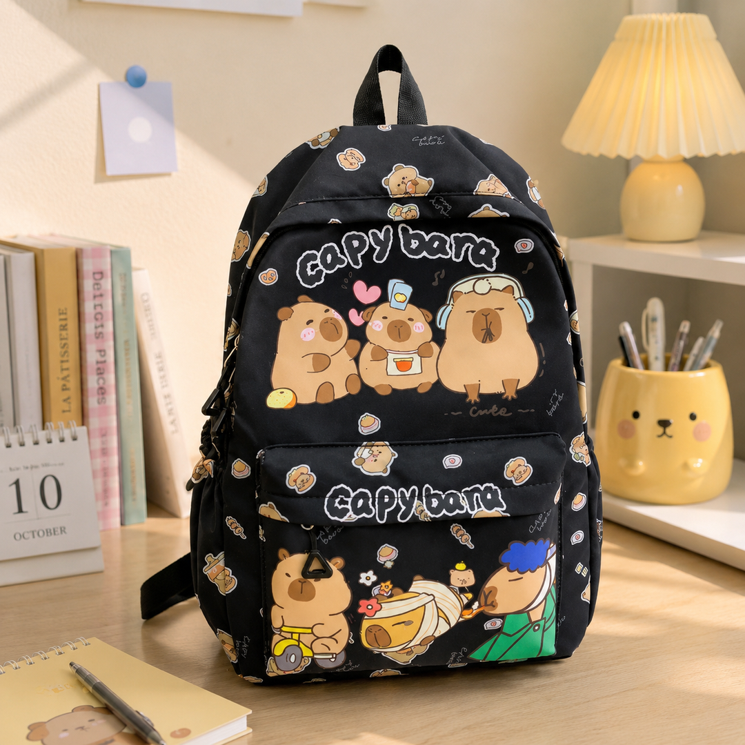 Kawaii Capybara School Backpack Large Capacity Nylon College Student Girls Cartoon