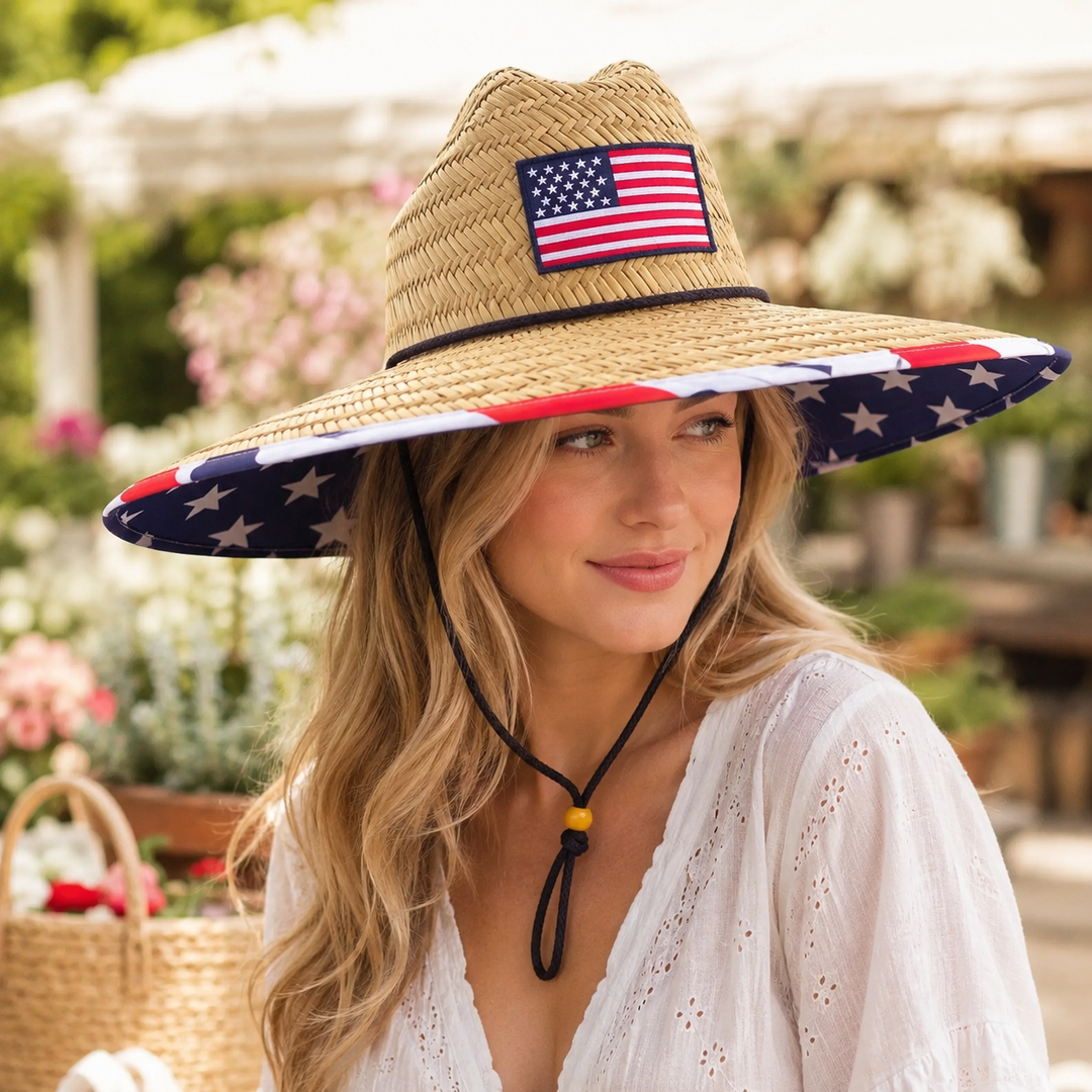 USA Flag Wide Brim Straw Sun Hat American Patriotic Beach Outdoor