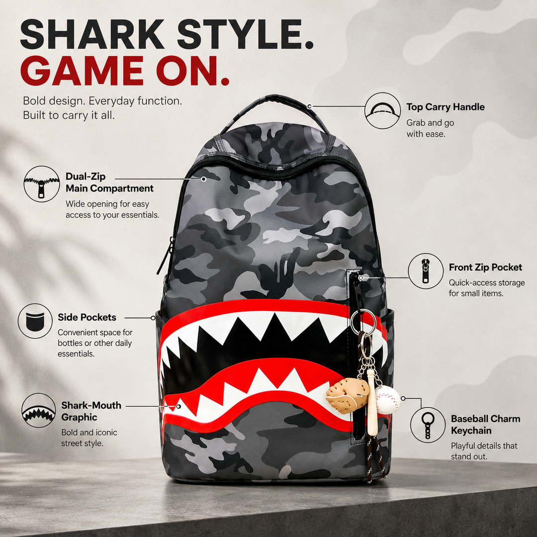 Shark Mouth Camouflage Boys and Girls School Backpack, Lightweight Travel Bookbag