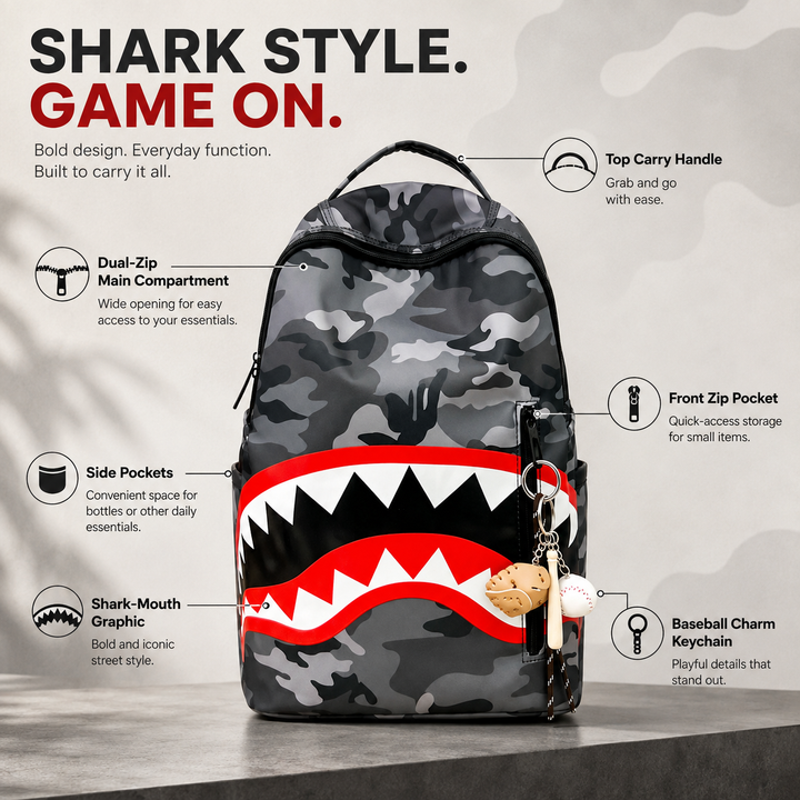 Shark Mouth Camouflage Boys and Girls School Backpack, Lightweight Travel Bookbag