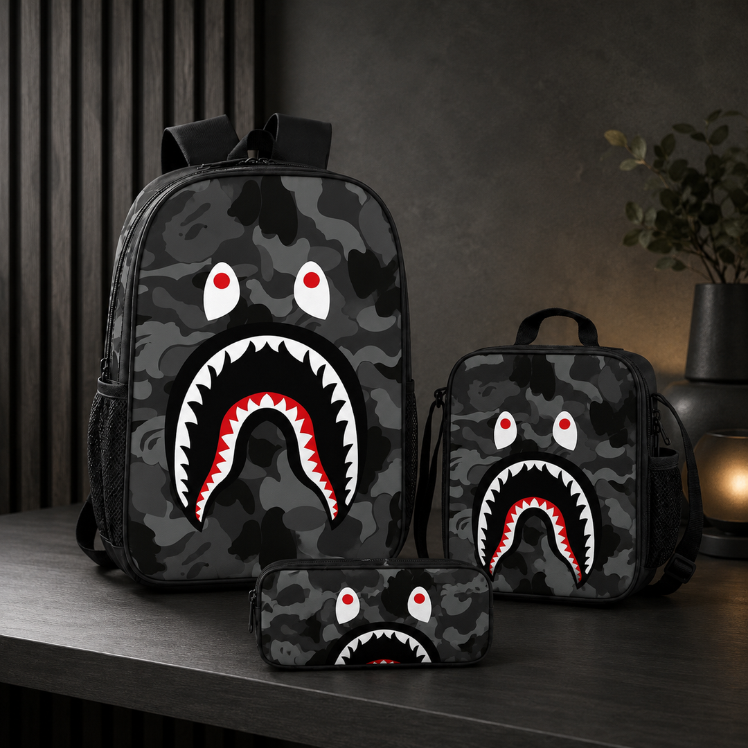 Boys Shark Camo 3-Piece School Backpack Set with Lunch Bag &amp; Pencil Case