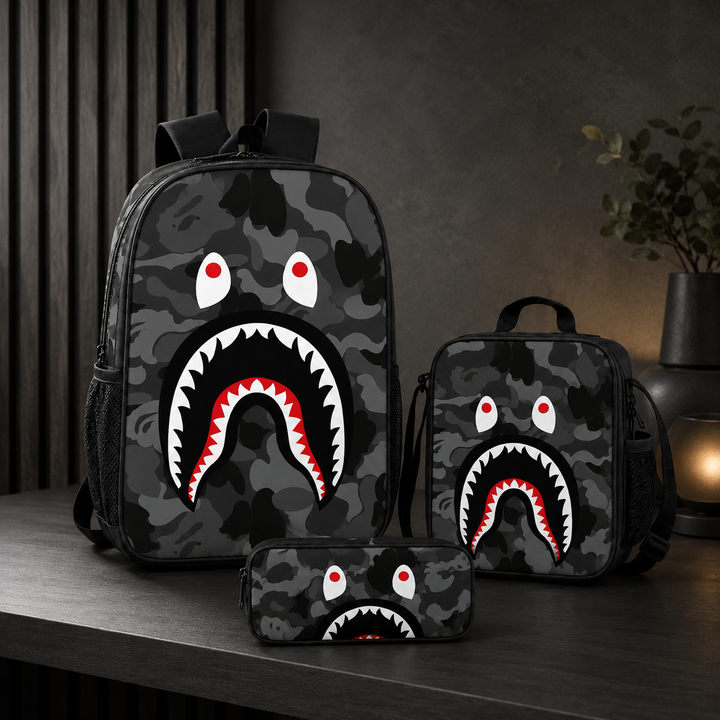 Boys Shark Camo 3-Piece School Backpack Set with Lunch Bag &amp; Pencil Case