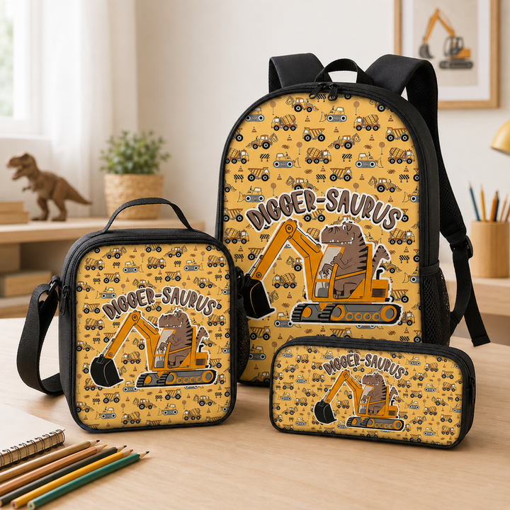 Monster Truck Off-Road and Dino Print Kids 3-Piece Backpack Set