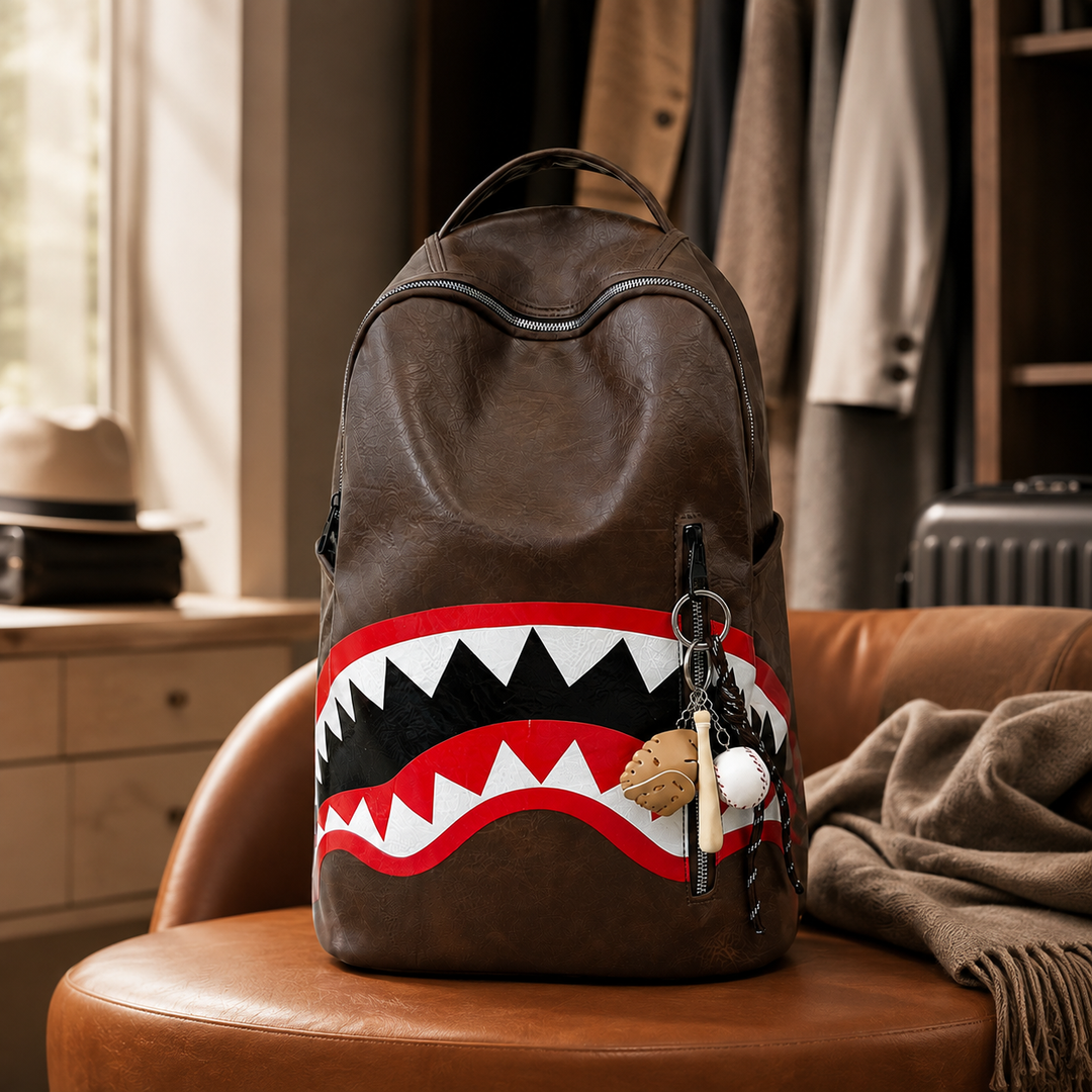 Shark Print Street Style School Backpack, Large Capacity Travel Bag
