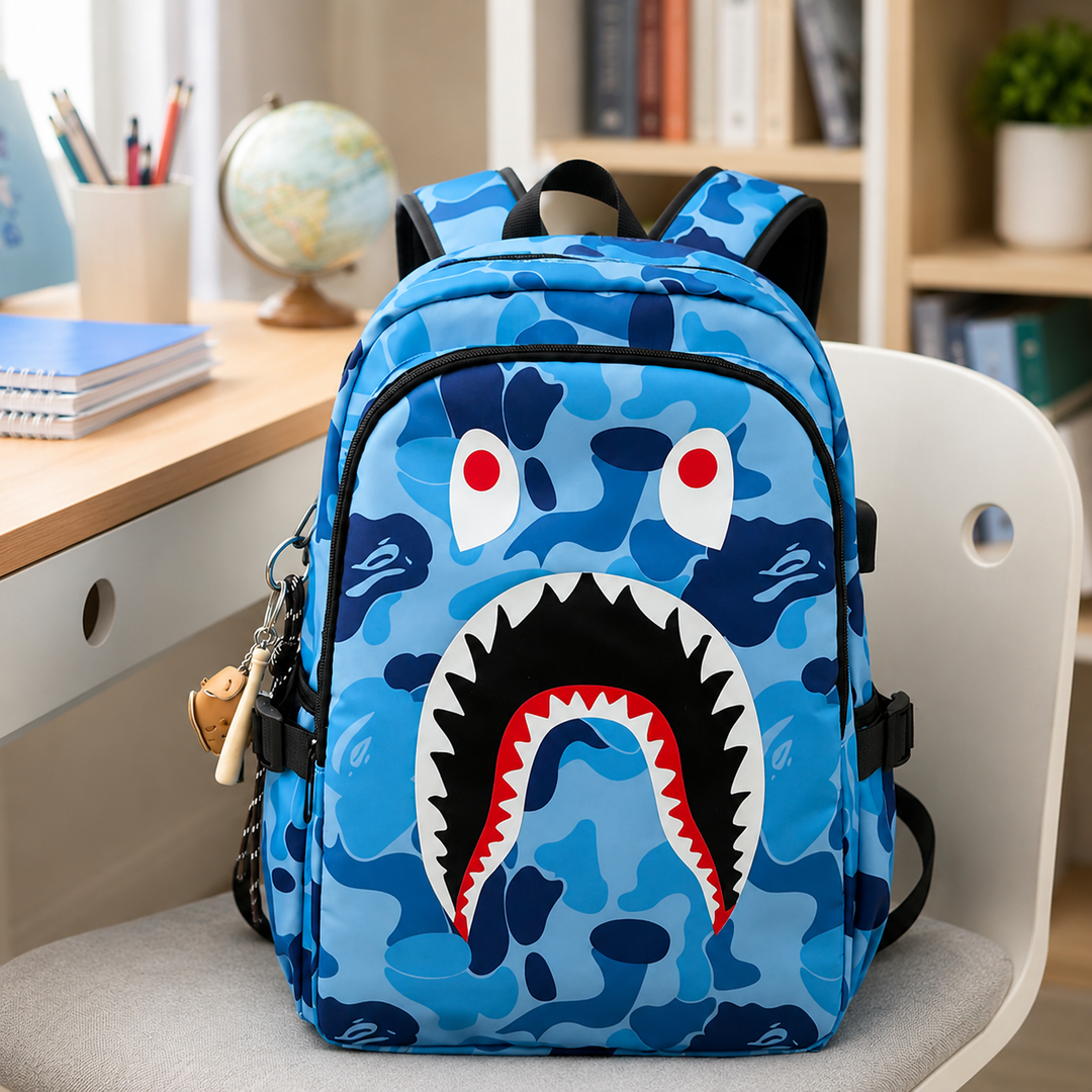 Shark Camouflage School Backpack, Large Capacity Travel Bag