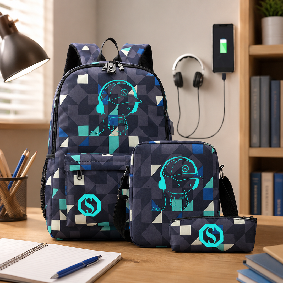 Glow in the Dark Music Boy 3-Piece School Backpack Set with Crossbody Bag and Pencil Case