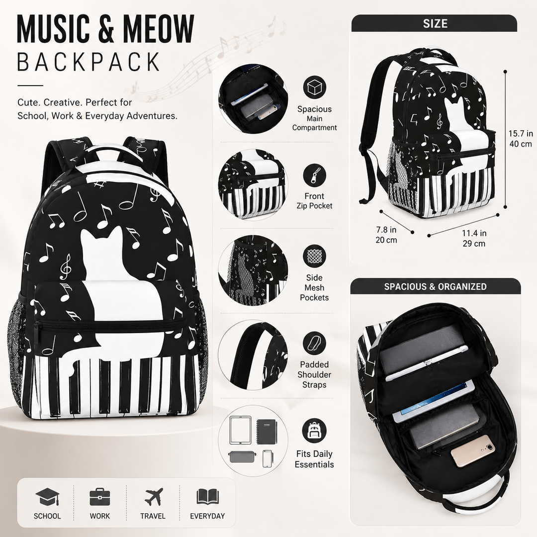 Unisex Funny Cat Piano Print School Laptop Backpack