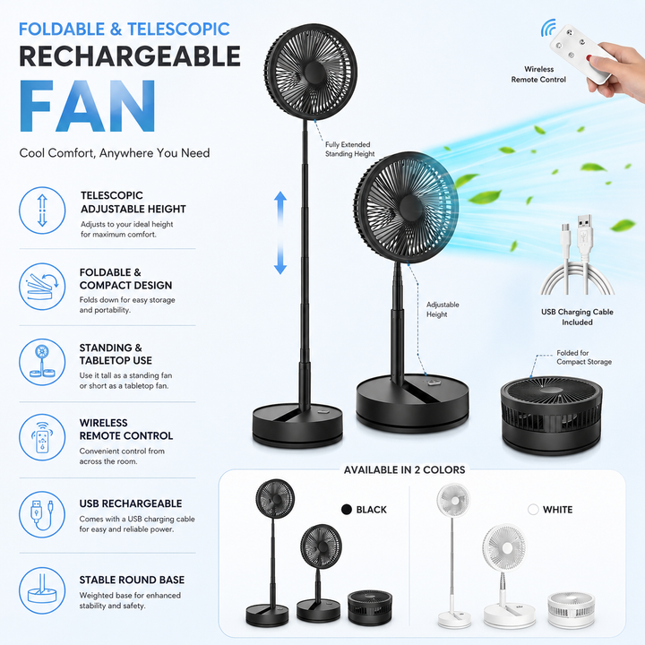 Telescopic Foldable Fan 7200mAh USB Rechargeable Portable Outdoor Floor