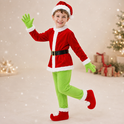 Boys Grinch Christmas Costume with Curled-Toe Boot Covers