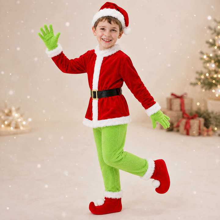 Boys Grinch Christmas Costume with Curled-Toe Boot Covers