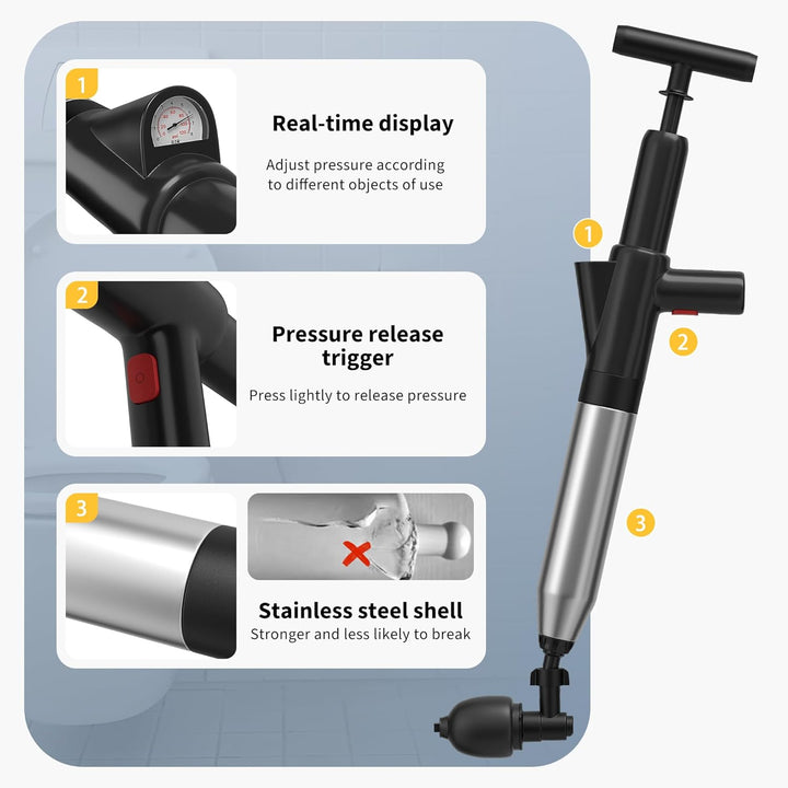 High Pressure Stainless Steel Toilet Plunger Unclogger