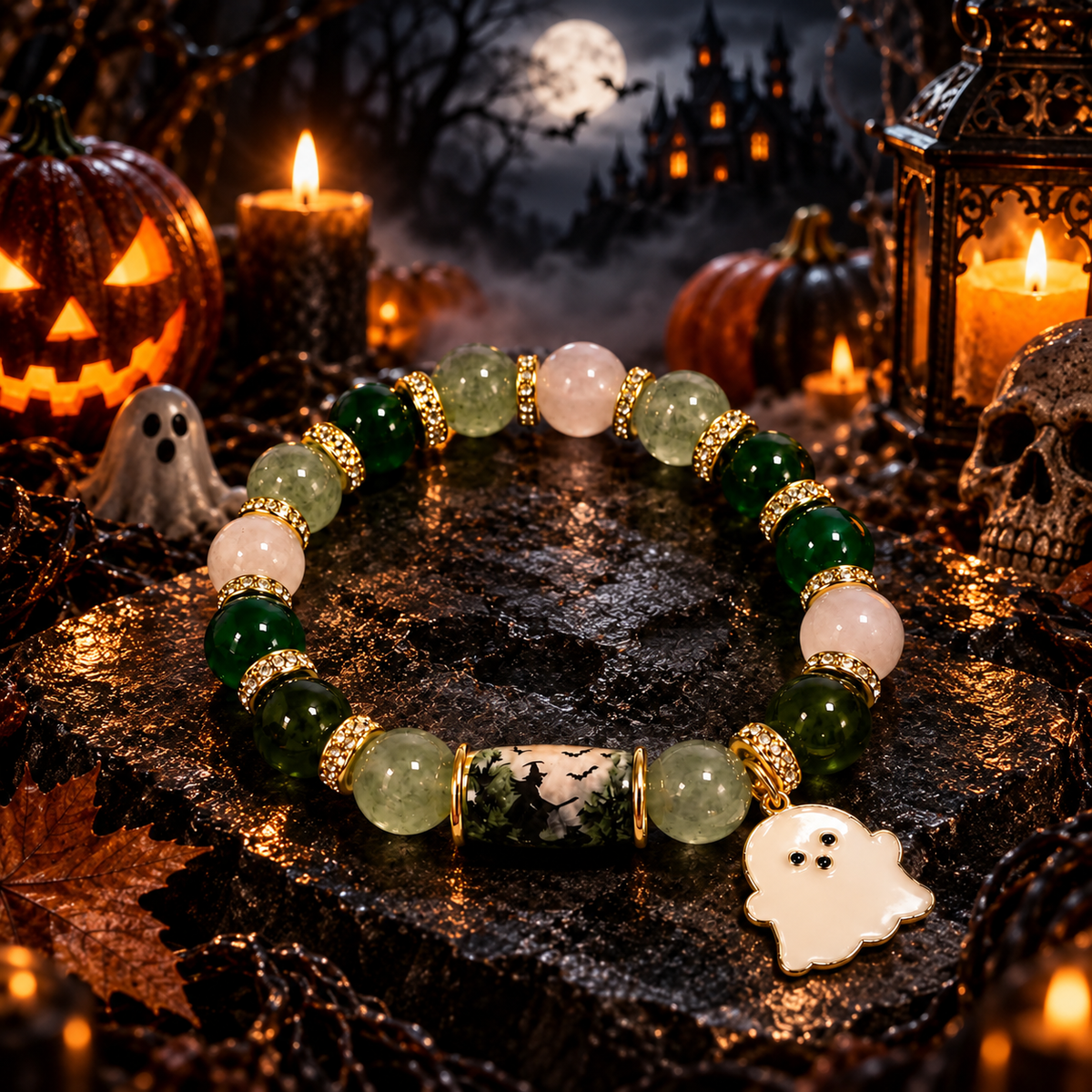 Halloween Crystal Bead Pendant Bracelet Bat Pumpkin Ghost Castle Charm Jewelry