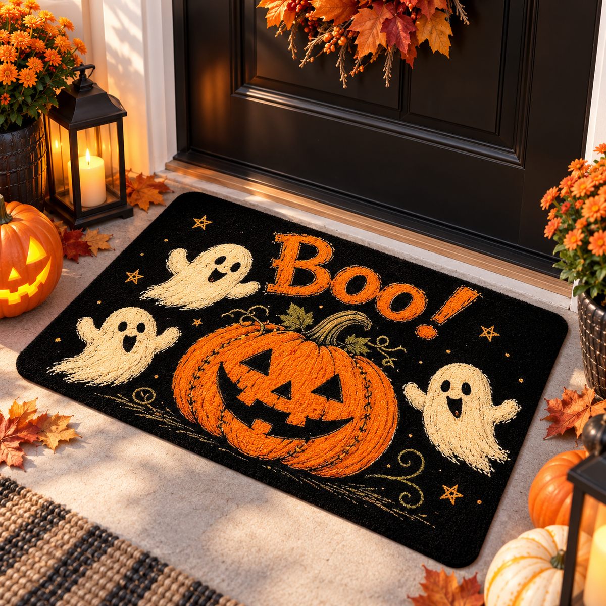 Halloween Pumpkin Crystal Velvet Doormat Non Slip Entryway Welcome Mat