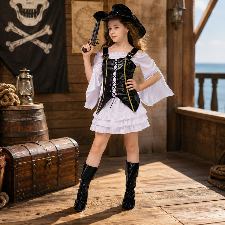 Girls Pirate Halloween Costume Kids Captain Cosplay Roleplay Themed Party Outfit Dress