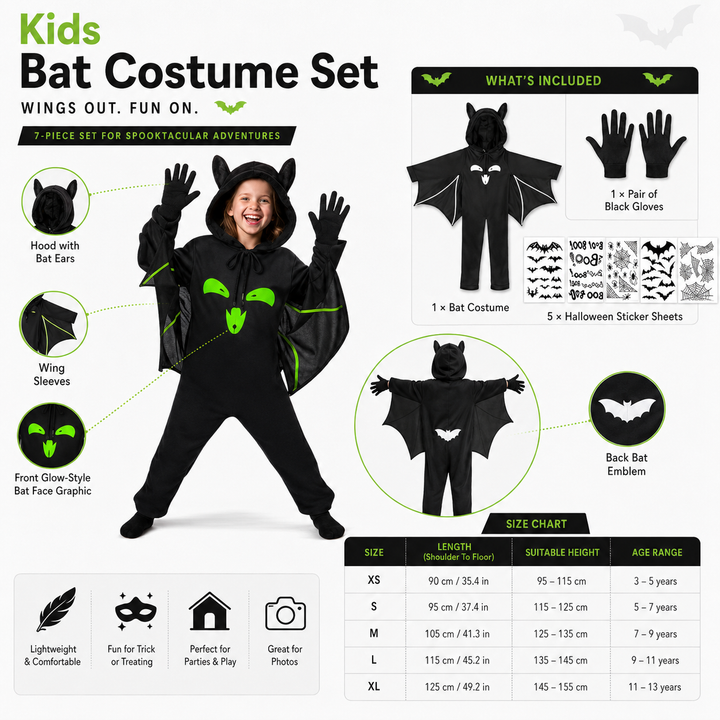 Kids Bat Wing Costume Glow Face Halloween Costume