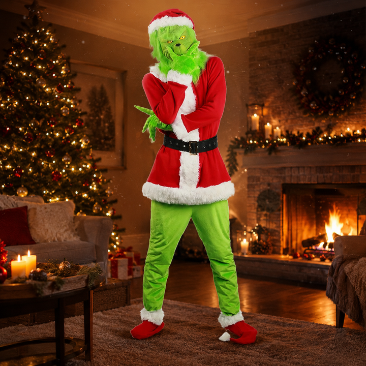 Grinch Mask &amp; Santa Suit Costume for Kids and Adults