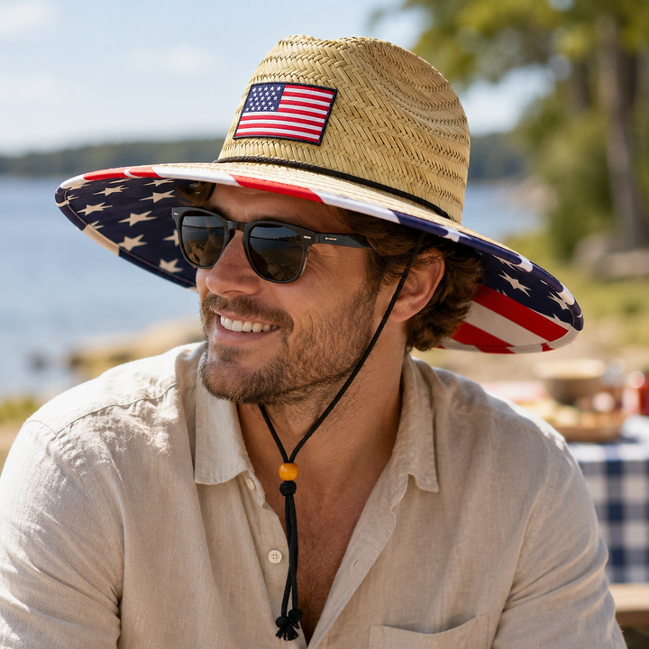 USA Flag Wide Brim Straw Sun Hat American Patriotic Beach Outdoor