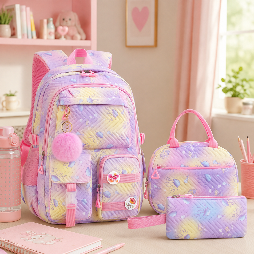 Girls School Backpack 3-Piece Set with Lunch Bag &amp; Pencil Case, Lightweight