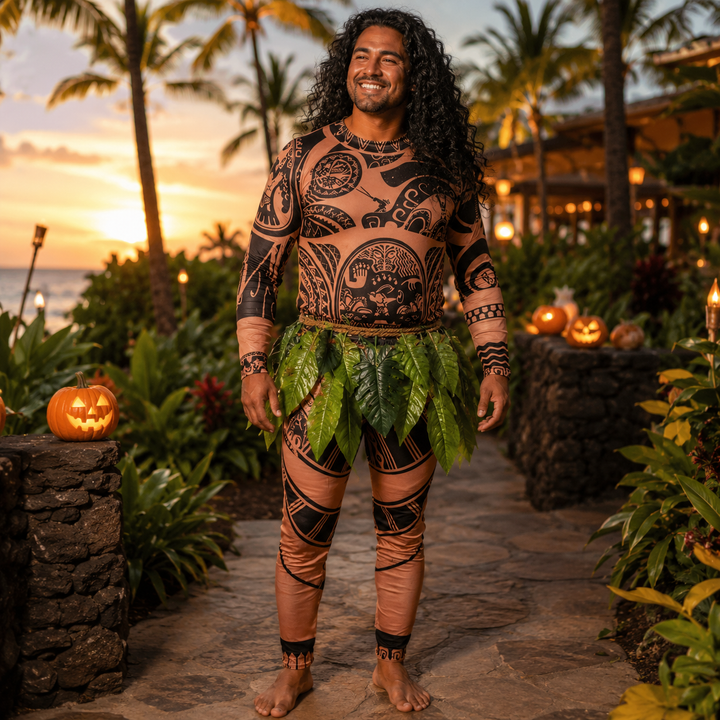 Moana Maui Costume with Tattoo Print and Leaf Skirt Halloween