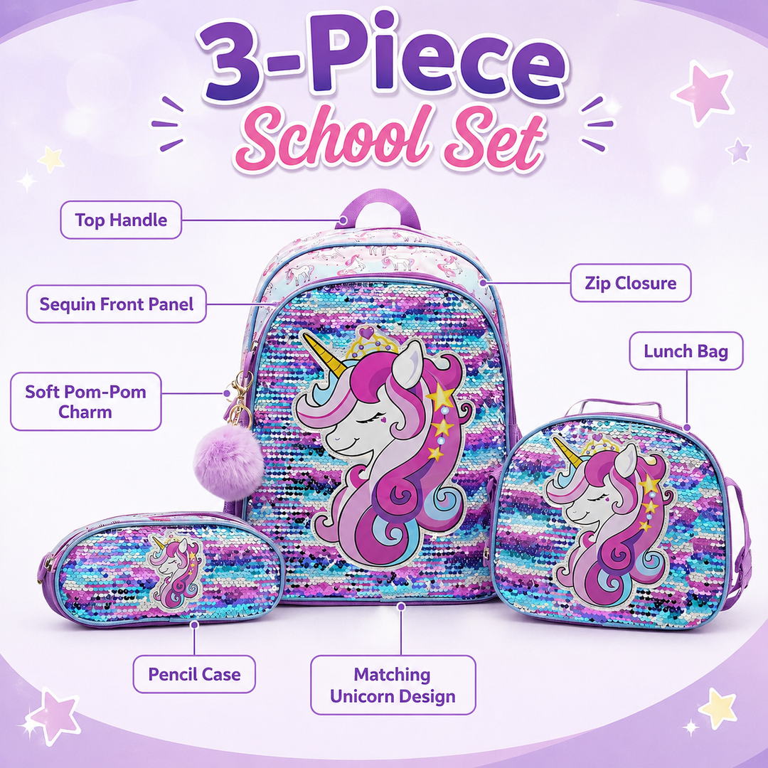 Unicorn Sequin 3-Piece School Backpack Set with Lunch Bag and Pencil Case for Girls