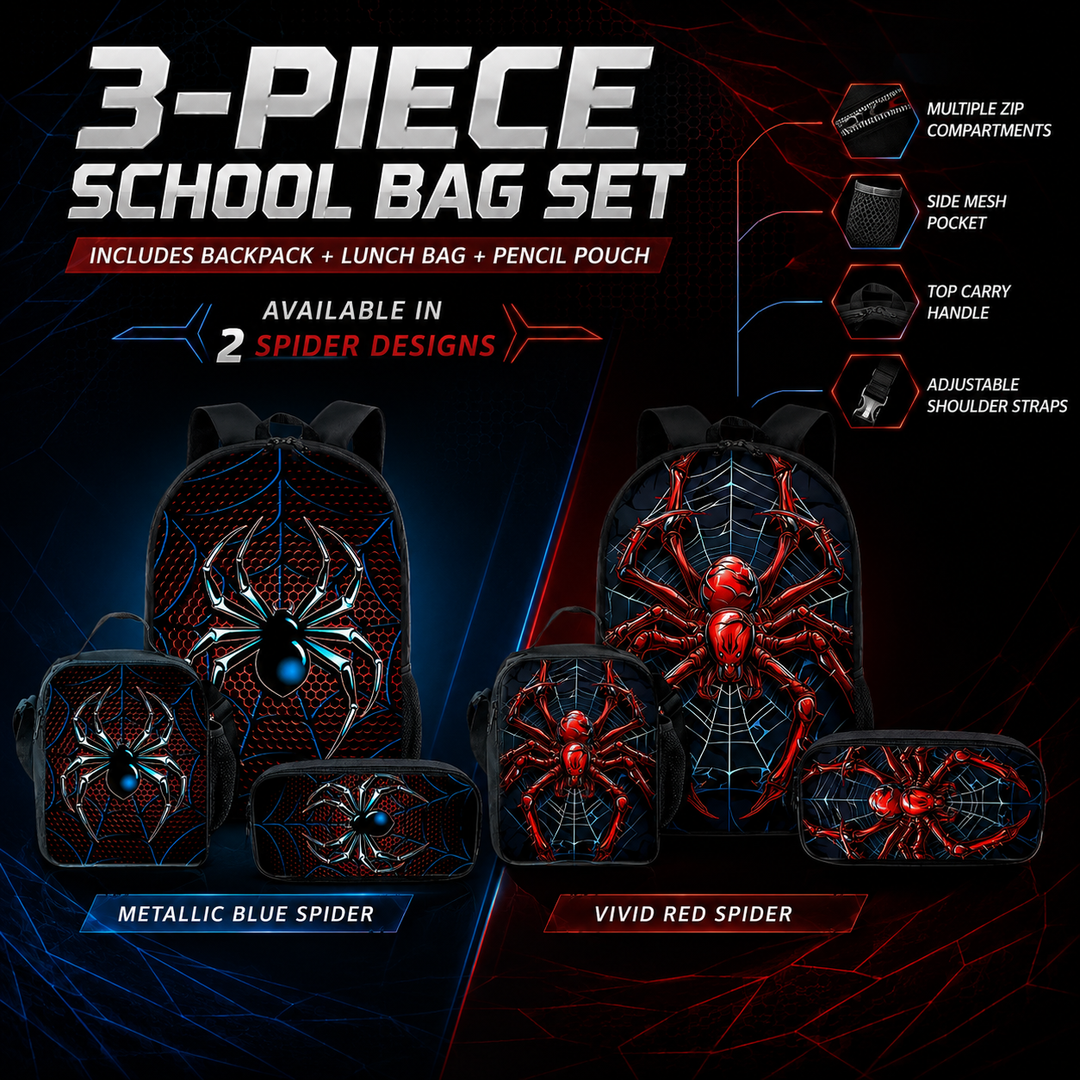 Spider 3D Print School Backpack 3Pcs Set Student Laptop Daypack Crossbody