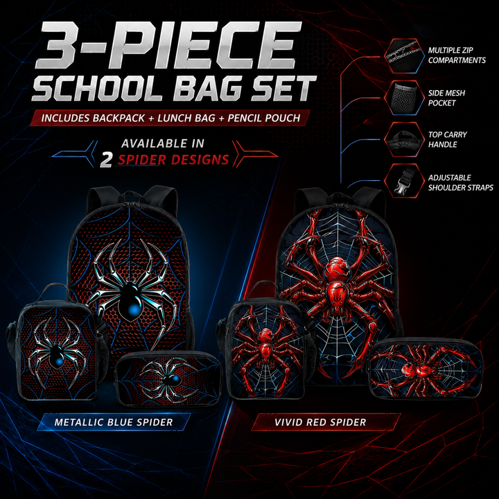 Spider 3D Print School Backpack 3Pcs Set Student Laptop Daypack Crossbody
