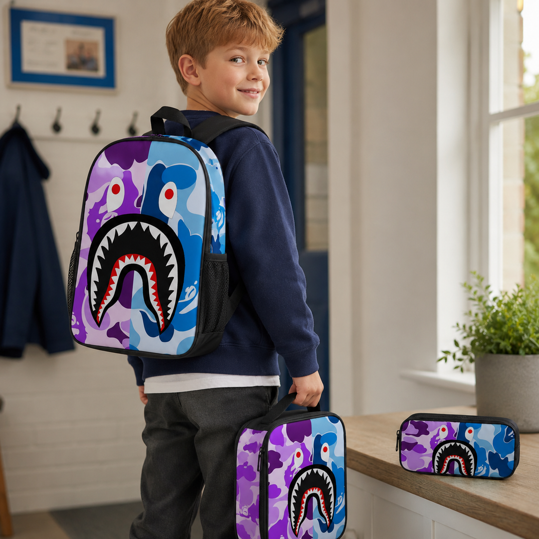 Boys Shark Camo 3-Piece School Backpack Set with Lunch Bag &amp; Pencil Case
