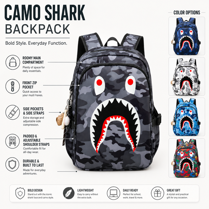 Shark Camouflage School Backpack, Large Capacity Travel Bag
