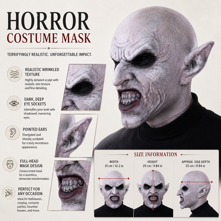 Nosferatu Vampire Grey Latex Mask for Halloween Horror
