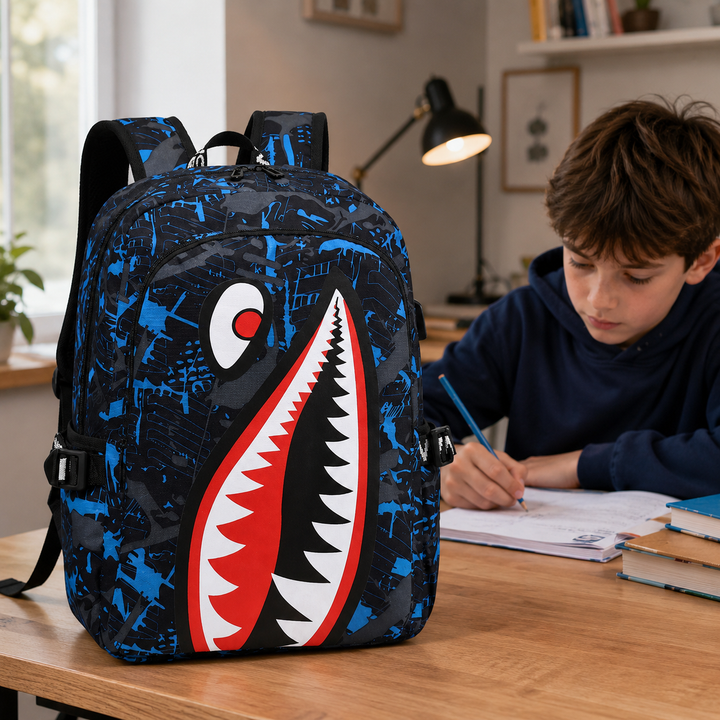 Kids School Backpack USB Interface Shark Print Large Capacity Lightweight