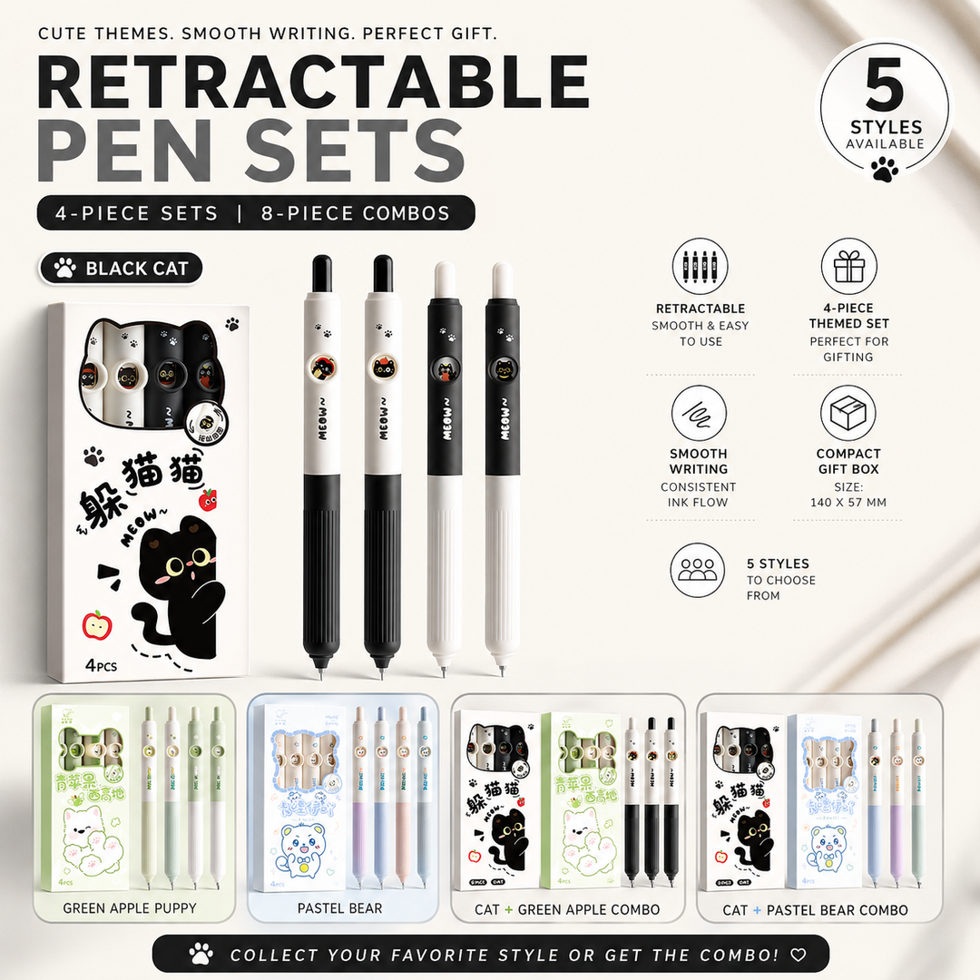 Cute Cat Retractable Gel Pen Set for Students