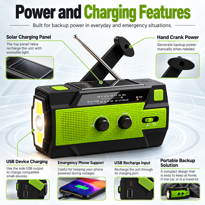 Wind Up Emergency Radio 4000mAh Solar AM FM SOS Side Flashlight
