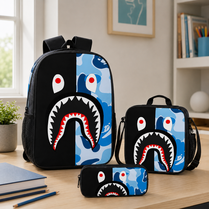 Boys Shark Camo 3-Piece School Backpack Set with Lunch Bag &amp; Pencil Case